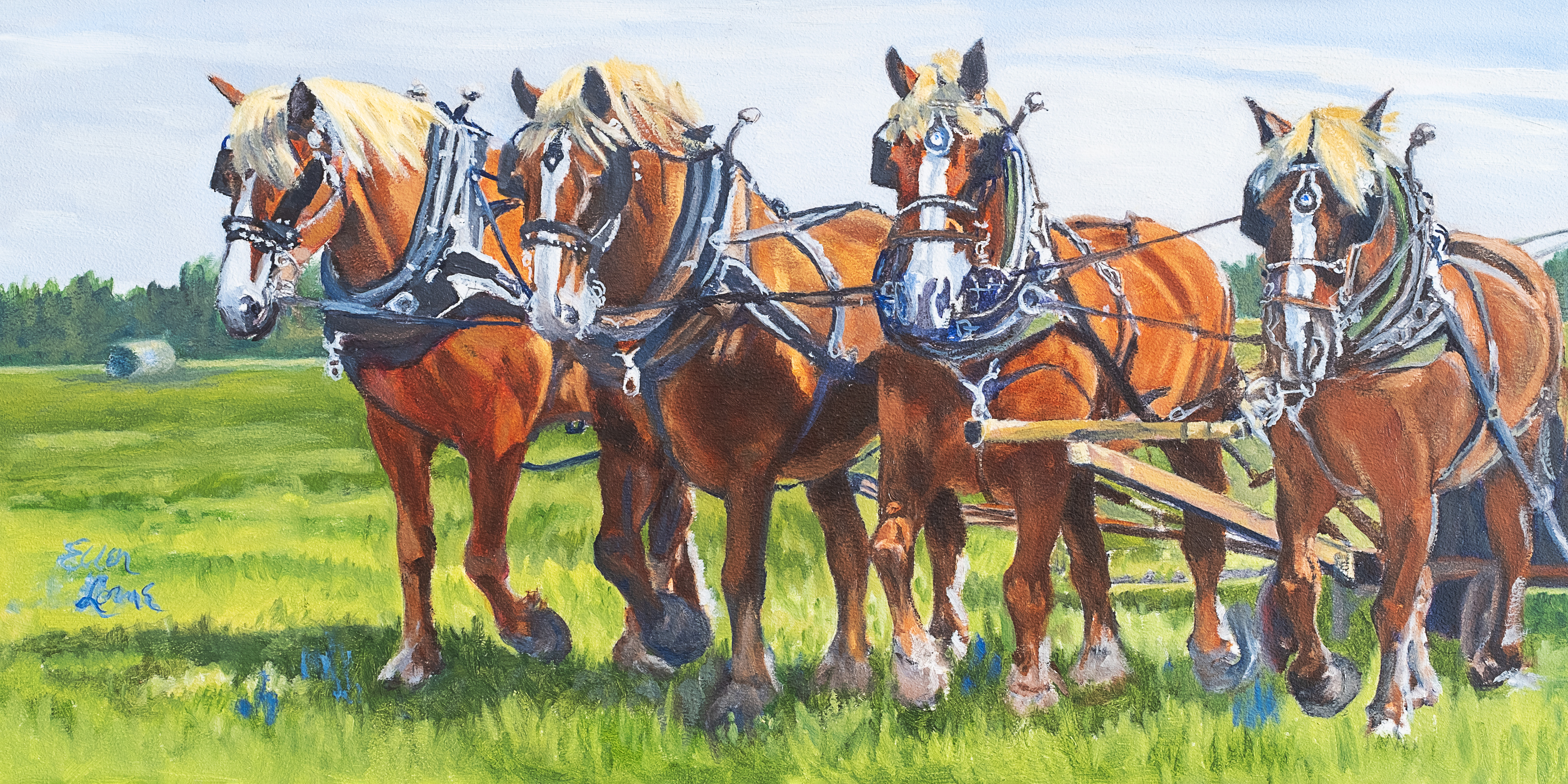 Oil painting of Belgian draft horses pulling a harvest wagon across an Alberta field