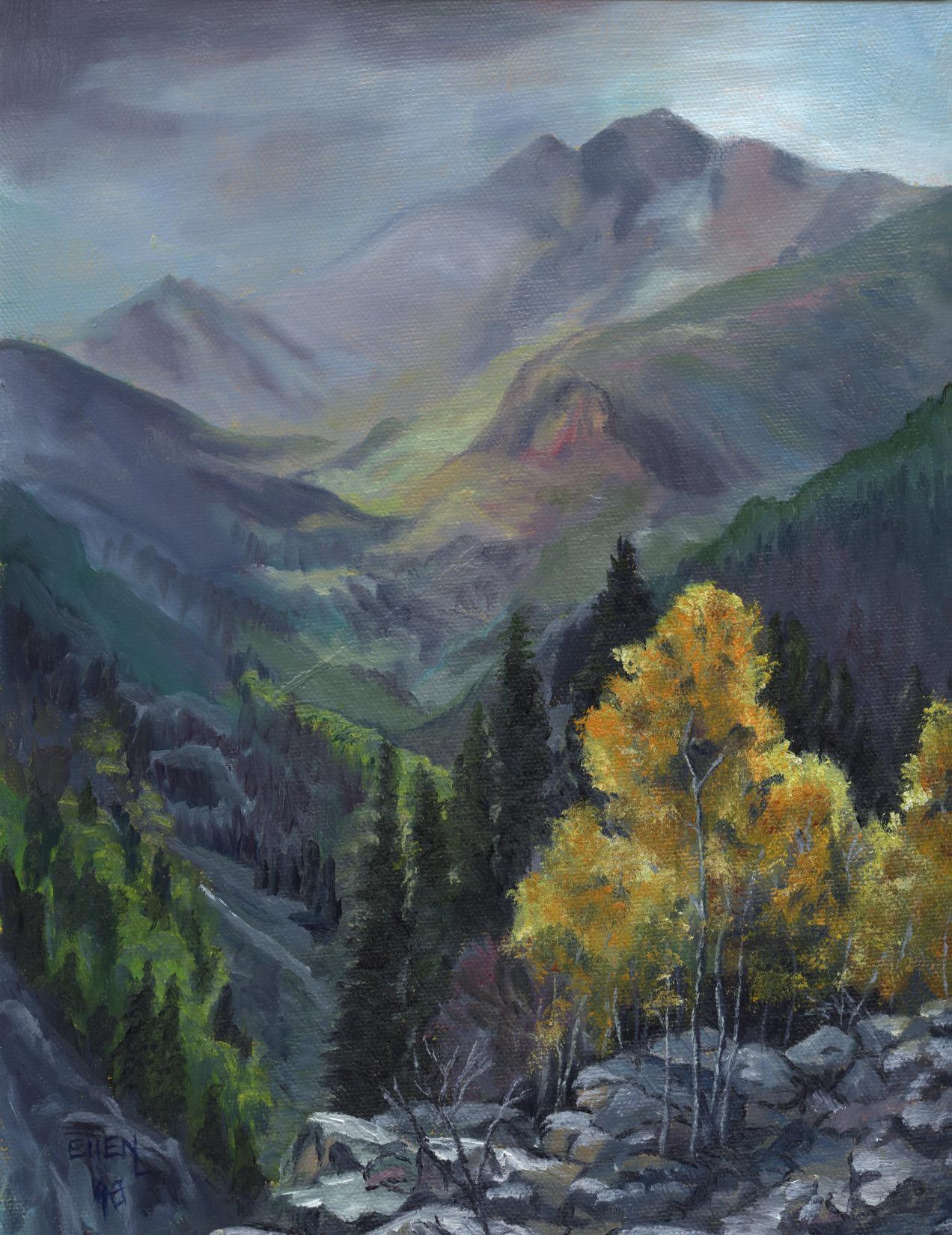 Oil painting by Ellen Lorne — Stormy Mountain